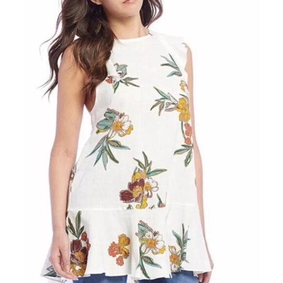 FREE PEOPLE Summer in Tulum Linen Floral Ruffle Tunic Blouse White Size S - Picture 1 of 9